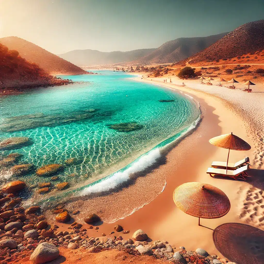 Ein wunderschönes Bild, das einen Strandurlaub in der Türkei darstellt. Im Vordergrund ein goldener Sandstrand mit kristallklarem, türkisfarbenem Wasser